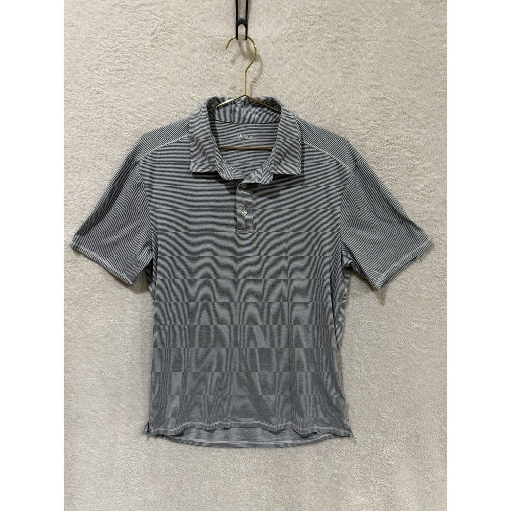 Quince Polo Shirt Men Medium White Gray Stripe Tagless Stretch Polyester Spandex